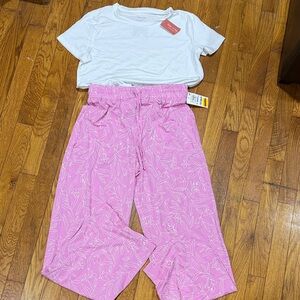 Women’s Pink Leaf-Print Pajama Pants & White Crop Tee Set